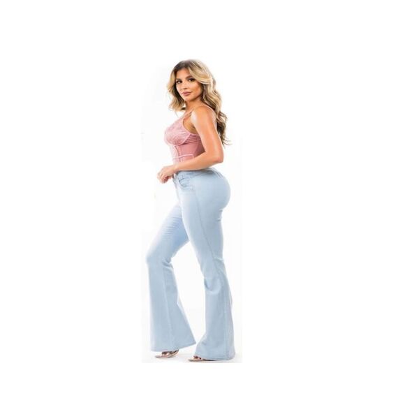 WAIST 28 INCHES SIZE 5 FLARE JEANS STRETCH DENIM PUSH UP BLUE 5-3 CTP1204  SZ5 - Picture 3 of 11